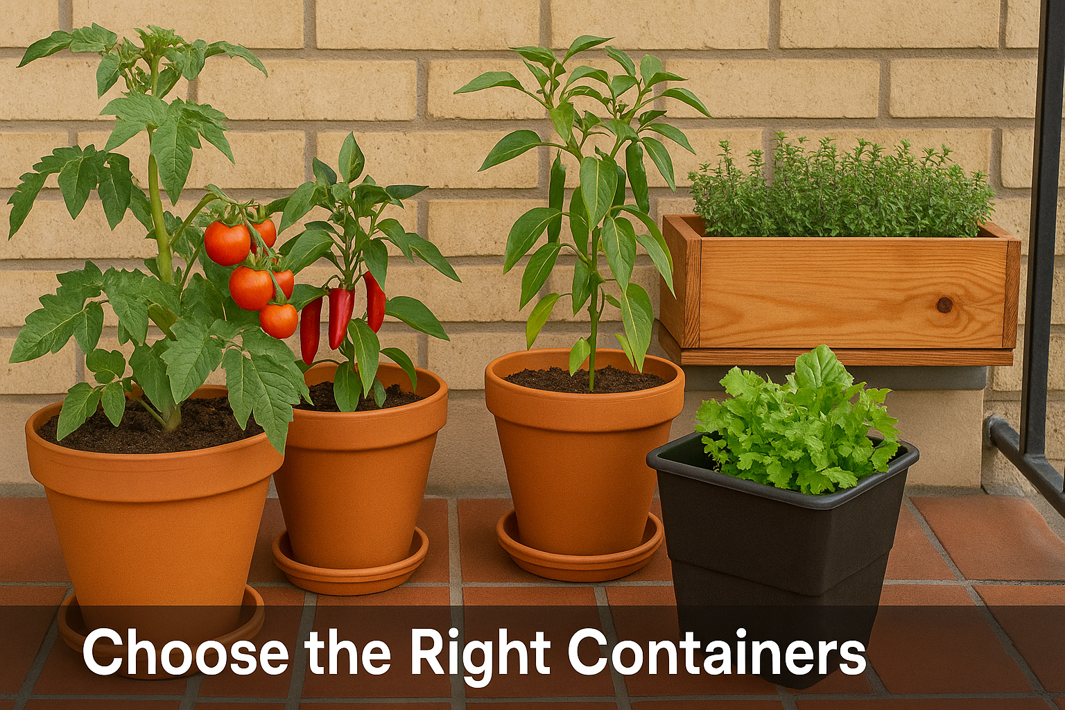 A comparison of container types for balcony vegetable gardening, showing cherry tomatoes, chili plants, and herbs thriving in terracotta, plastic, and wooden planters—perfect for beginners choosing the right pots.